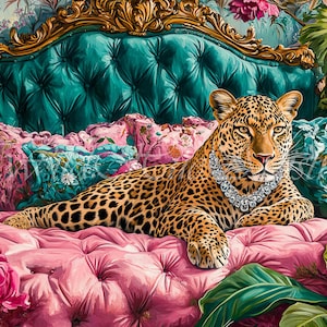 Vintage Retro Leopard On Ornate Sofa Oil Painting, Leopard Bedroom Maximalist Wall Art, Dopamine Leopard Print, Eclectic Leopard Wall Art.