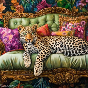 Retro Leopard On Ornate Lime Cream Sofa Oil Painting, Leopard Bedroom Maximalist Wall Art, Dopamine Leopard Print, Eclectic Leopard Wall Art