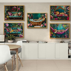 Big Cat Wall Art Set of 5, Bold Maximalist Prints, Leopard, Cheetah, Tiger, Lion Decor, Curated Gallery, Digital Jungle Sofa Bar Art Bundle.
