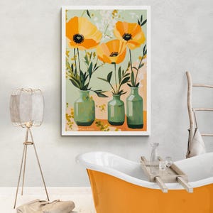 Pintura al óleo de naturaleza muerta con flores de amapola de California, impresión artística de pared con flores silvestres de California, arreglo floral de primavera, regalo de obra de arte en jarrón de flores.