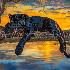 Out of Africa Black Panther Sunset Oil Painting, Nocturne Panther Bedroom Maximalist Wall Art, Dopamine Panther Print, Eclectic Jaguar Art.