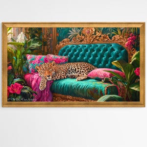 Samsung Frame TV Art, Leopard On Ornate Sofa Oil Painting, Leopard Bedroom Maximalist Wall Art, Dopamine Leopard, Eclectic Leopard Wall Art.