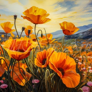 California Poppy Wildflower Painting, Modern Retro Colorful Wildflower Wall Art, Retro Vintage Colorful Florals, Wall Art Prints, Poppy#72.