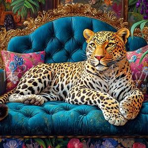 Vintage Retro Leopard On Ornate Sofa Oil Painting, Leopard Bluebonnet Maximalist Wall Art, Dopamine Leopard Print, Eclectic Leopard Wall Art