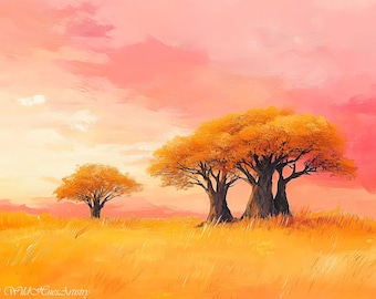 African Savannah Landscape Oil Painting, Vintage Baobab Landscape Art Print, Country Field Wall Art, Nature Printable Art, Sunset Art Print.