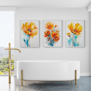 Set of 3 California Poppy Watercolor Prints, Modern Retro Colorful Wildflower Wall Art, Retro Vintage Florals, Botanical Wall Art Prints.