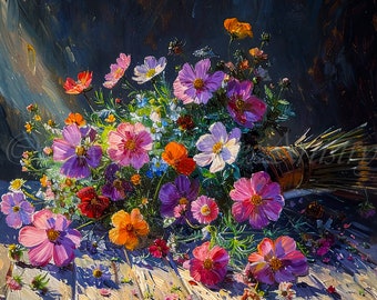 Pintura de naturaleza muerta con coloridas amapolas californianas antiguas de Big Sur, serie de arte de amapolas de California, pintura al óleo antigua del siglo XIX.