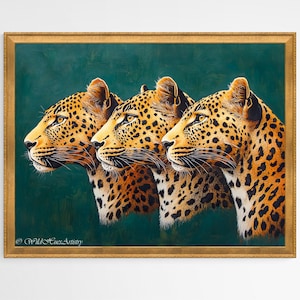 Trio di leopardi verde smeraldo, arte africana di grandi felini, arredamento minimalista con leopardi per il soggiorno, belle arti raffiguranti animali da safari, dipinto a olio moderno raffigurante animali selvatici.