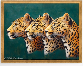 Smaragdgrünes Leopard-Trio, Afrikanische Raubkatze Kunst, Minimalistische Wohnzimmer Leopard-Dekor, Safari Tier Fine Art, Moderne Wildtier-Ölgemälde.