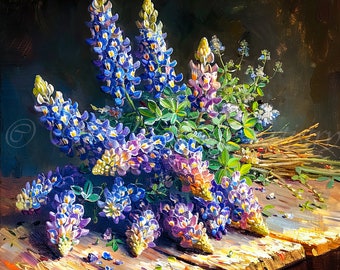 Vintage Texas Bluebonnet Wildblumen Malerei, Bluebonnet Kunstdrucke, Ölgemälde Frühlingsdruck, Bluebonnet Kunst, Texas Country Farm Blumen.