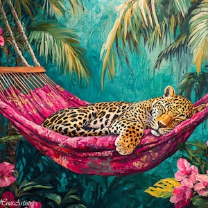 Vintage Retro Leopard Sleeping in Hammock Oil Painting, Jungle Leopard Maximalist Wall Art, Dopamine Leopard Print, Eclectic Leopard Art.