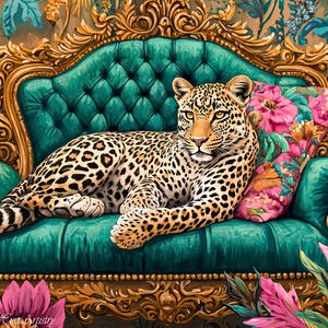 Vintage Retro Leopard On Ornate Sofa Oil Painting, Leopard Bedroom Maximalist Wall Art, Dopamine Leopard Print, Eclectic Leopard Wall Art.