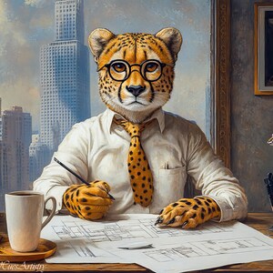 Dipinto di architetto con ghepardo, decorazione da parete per ufficio con animali retrò, decorazione safari urbana, regalo originale con ghepardo per architetti, arte della giungla urbana massimalista