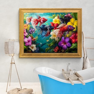 May include: A framed artwork shows colourful betta fish swimming amongst vibrant flowers. The painting features red, blue, and black fish with flowing fins, surrounded by purple, yellow, and red blossoms. The artwork is encased in a gold frame.