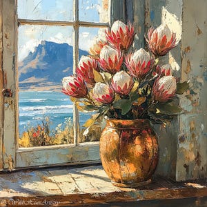 Puede incluir: Un ramo de flores de protea rosa y blanco vibrantes en un jarrón de cobre, colocado frente a una ventana con vista a una cordillera y al océano.