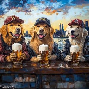 Schattige golden retrievers aan de bar olieverfschilderij, cadeau voor hondenliefhebbers maximalistische kunst aan de muur, dopamine grappige golden retriever kunst, eclectische kunst aan de muur.