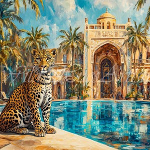 Vintage Retro Leopard Sitting at Pool Oil Painting, Leopard Bedroom Maximalist Wall Art, Dopamine Leopard Print, Eclectic Leopard Wall Art.
