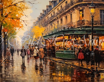 Exposición de museo: pintura al óleo de paisaje urbano parisino antiguo, lámina de café de pueblo parisino francés, arte romántico francés antiguo, láminas de decoración parisina.