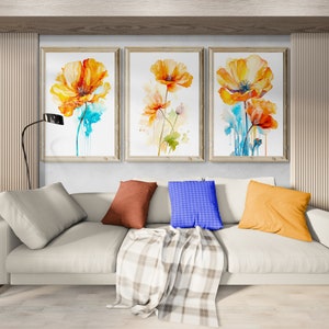 Set of 3 California Poppy Watercolor Prints, Modern Retro Colorful Wildflower Wall Art, Retro Vintage Florals, Botanical Wall Art Prints.