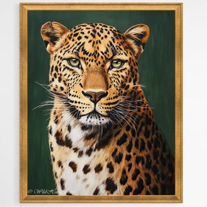May include: A close-up portrait of a leopard with a green background. The leopard has a light brown coat with black spots and a white chest. The leopard's eyes are green and it is looking directly at the viewer.