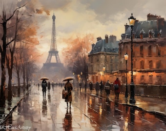 Exposición de museo: pintura al óleo de paisaje urbano parisino antiguo, grabado francés del río Sena, arte romántico francés antiguo, grabados de la Torre Eiffel.