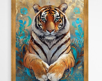 Antique Art Nouveau Tiger Oil Painting, Gustav Klimt Inspired Wildlife Artwork, Gold Teal Decorative Wall Decor, Elegant Fine Art Print