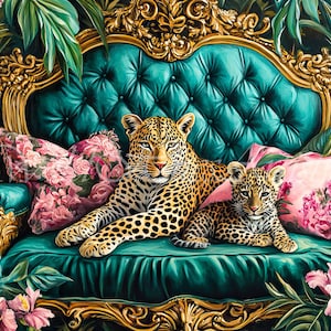Retro Leopard and Cub On Ornate Sofa Oil Painting, Leopard Bedroom Maximalist Wall Art, Dopamine Leopard Print, Eclectic Leopard Wall Art.