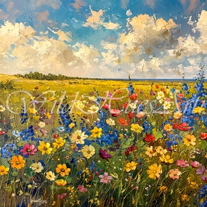 May include: A painting of a field of wildflowers in various shades of blue, yellow, red, and pink. The flowers are in full bloom and the sky is a bright blue with white clouds.
