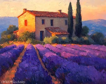 Lavendel Feld #02, Vintage Stil Lavendel Sonnenuntergang Landschaft Ölgemälde, rustikale Bauernhaus Dekor, Sommer Wohnzimmer Lavendel Wand Kunst Dekor