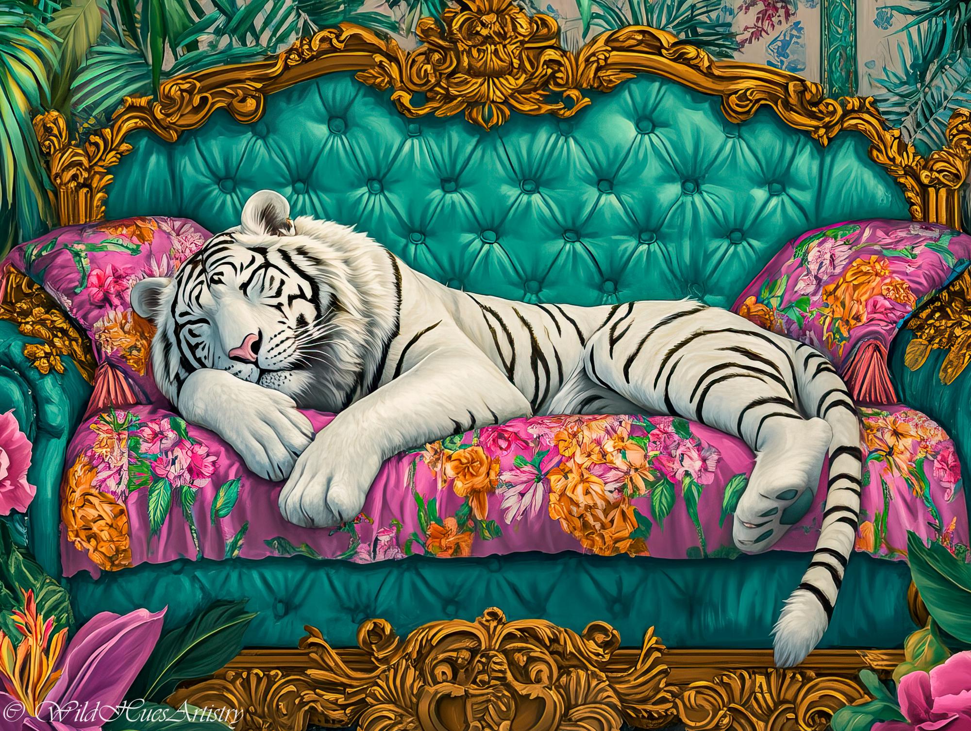 Retro Matisse White Tiger On Ornate Sofa Oil Painting, Tiger Bedroom Maximalist Wall Art, Dopamine Tiger Print, Eclectic Tiger Portrait.