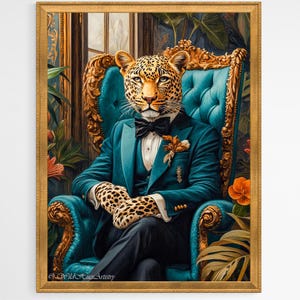 Retro Leopard In a Suit On Ornate Chair Oil Painting, Leopard Bedroom Maximalist Wall Art, Dopamine Leopard Print, Eclectic Leopard Wall Art