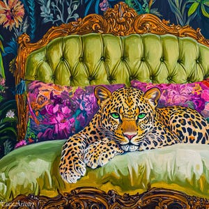Leopard On Ornate Lime Cream Bed Oil Painting, Leopard Bedroom Maximalist Wall Art, Dopamine Leopard Print, Eclectic Art Deco Leopard Art.