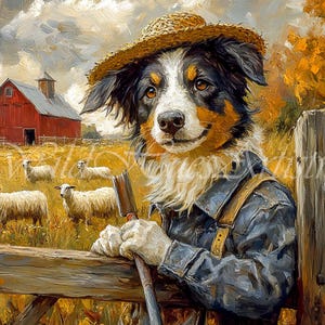 Border Collie Farmer Painting, Maximalist Dog Art, Dopamine Farm Dog Art, Rustic Animal Decor, Country Dog Artwork, Herding Dog Lover Gift.