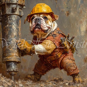 Maximalist Dog Art, Bulldog Construction Worker Painting, Funny Builder Dog Wall Art, Dog in Hard Hat Decor, Gift for Dog Lovers, Office Art