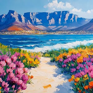Könnte beinhalten: Ein Gemälde, das eine Bergkette mit blauem Himmel und weißen Wolken zeigt. Die Bergkette befindet sich im Hintergrund und im Vordergrund befindet sich ein Gewässer. Das Wasser ist blau und es gibt weiße Wellen. Im Vordergrund befinden sich rosa und gelbe Blumen.