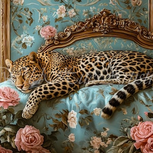 Vintage Retro Leopard On Ornate Bed Oil Painting, Leopard Bedroom Maximalist Wall Art, Dopamine Leopard Print, Eclectic Leopard Wall Art.