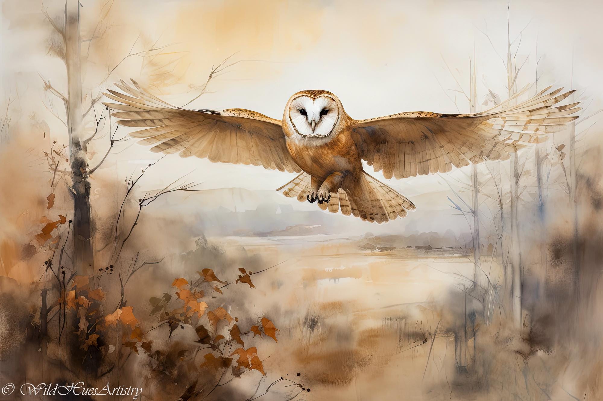 Antique Barn Owl Watercolor Painting, Minimalist Vintage Fine Art Barn Owl Print, Rustic Pastel Farm