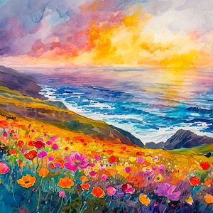 Pintura de acuarela de amapola de California en Big Sur, arte de pared para baño con flores silvestres coloridas, flores coloridas vintage, impresión artística de amapola de California.