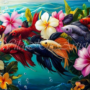 May include: A colourful painting featuring multiple betta fish in red, blue, orange, and silver, surrounded by tropical flowers and green leaves. The artwork has a painterly style with soft edges, creating a dreamy underwater scene.