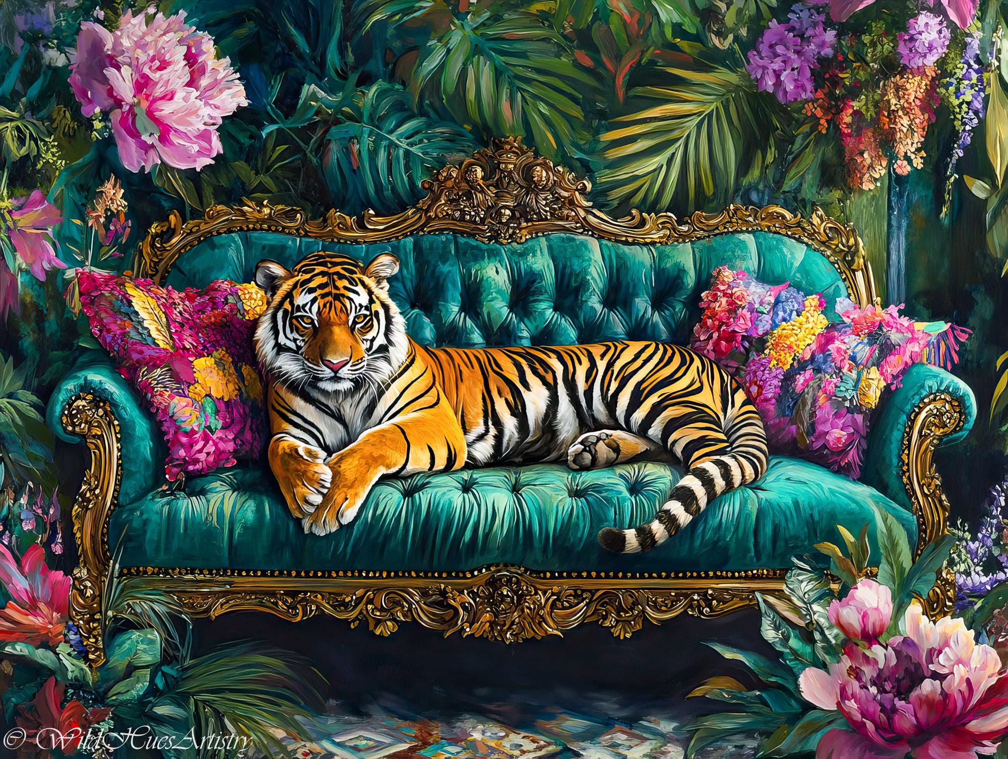 Vintage Retro Bengal Tiger On Ornate Sofa Oil Painting, Tiger Bedroom Maximalist Wall Art, Dopamine Tiger Print, Eclectic Tiger Portrait .