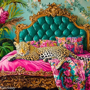 Vintage Retro Leopard On Ornate Bed Oil Painting, Leopard Bedroom Maximalist Wall Art, Dopamine Leopard Print, Eclectic Leopard Wall Art.