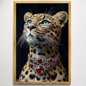 Cartier Luxury Diamond and Rubies Necklace Leopard Art, Glamour Animal Print, Maximalist Fashion Decor Poster, Elegant Big Wild Cat Wall Art