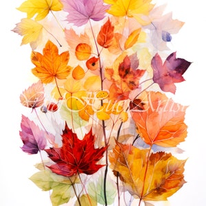 Autumn Leaves Watercolor Digital Still Life Painting, Rustic Fall Art, Vintage Autumn Wall Print, Halloween Autumn Decor, Thanksgiving Print
