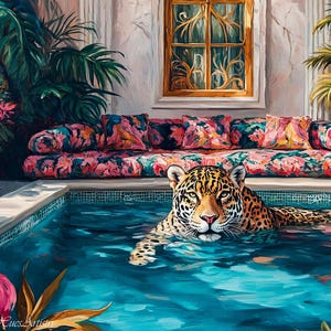 Retro Leopard Swimming in Pool Oil Painting, Elegant Leopard Bedroom Maximalist Wall Art, Dopamine Leopard Print, Eclectic Leopard Wall Art.