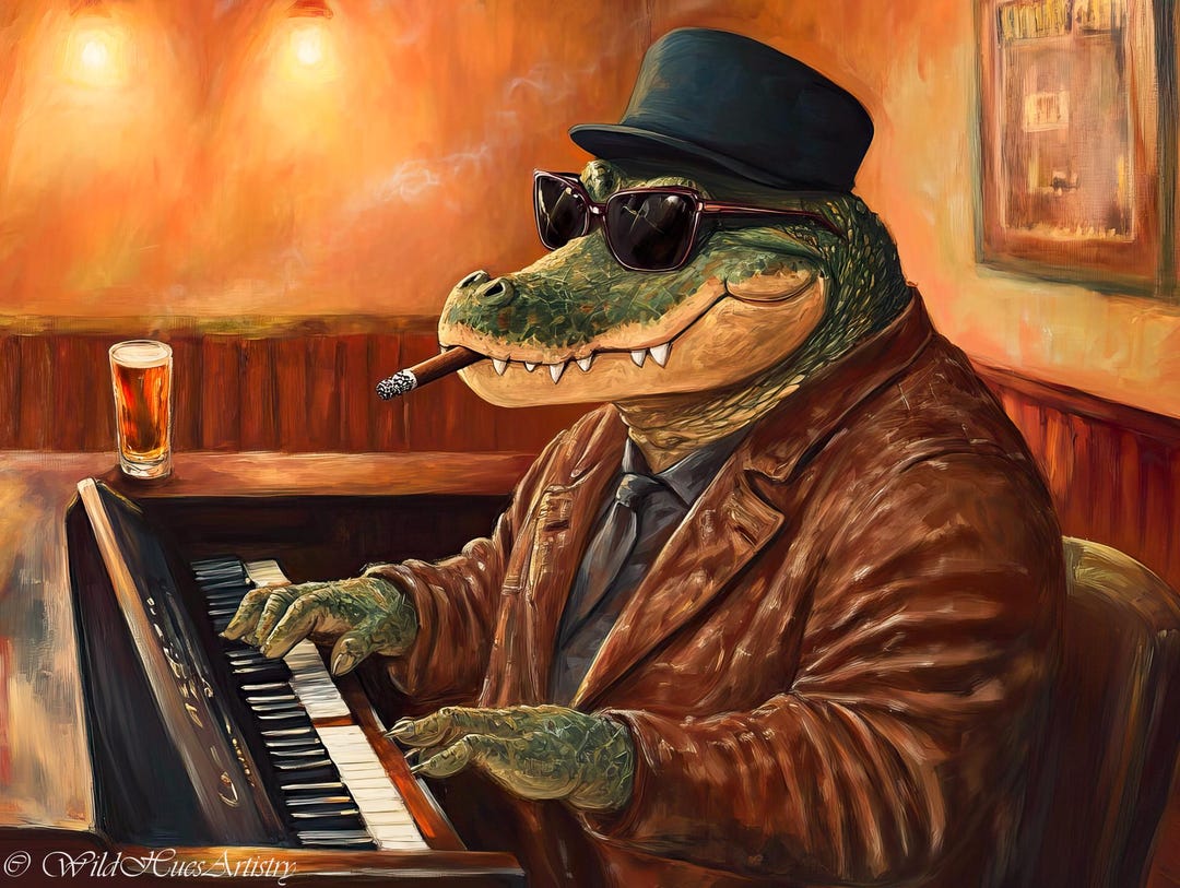 Piano Raptor Alligator Playing Piano Print, Rustic Americana Gator Bar Maximalist ...