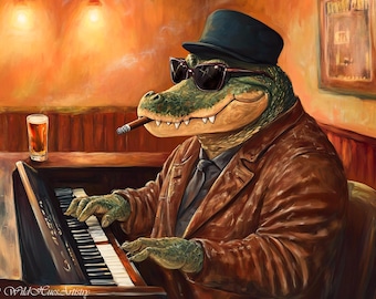 Alligator Playing Piano Print, Rustic Americana Gator Bar Maximalist Art, Dopamine Croc Print, Eclectic Alligator Piano Bar Art Pianist Gift