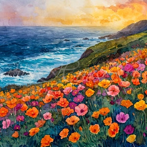 Pintura de acuarela de amapola de California en Big Sur, arte de pared para baño con flores silvestres coloridas, flores coloridas vintage, impresión artística de amapola de California.
