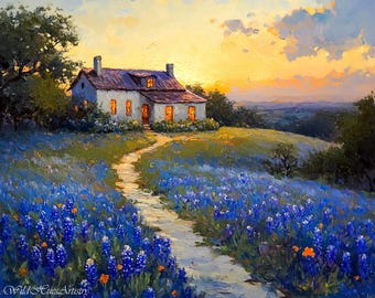 Pintura con técnica impasto de un vibrante campo de lupinos silvestres de Texas, lámina de arte paisajístico de Texas, arte de lupinos de la pradera de Texas, jardín de flores silvestres de Texas