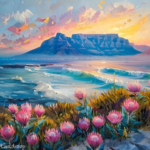 Könnte beinhalten: Ein Gemälde, das eine Bergkette mit einem rosa und orangefarbenen Sonnenuntergangshimmel zeigt. Die Bergkette befindet sich im Hintergrund und im Vordergrund befindet sich ein Strand mit rosa Blumen.