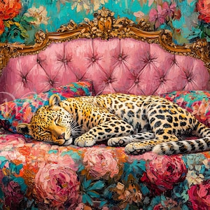 Vintage Retro Leopard On Ornate Bed Oil Painting, Leopard Bedroom Maximalist Wall Art, Dopamine Leopard Print, Eclectic Leopard Wall Art.
